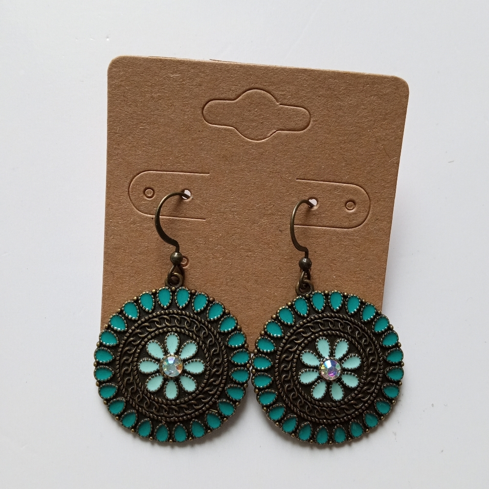 Fashion Jewelry Circle Turquoise Flower Earrings - Picture 2 of 4